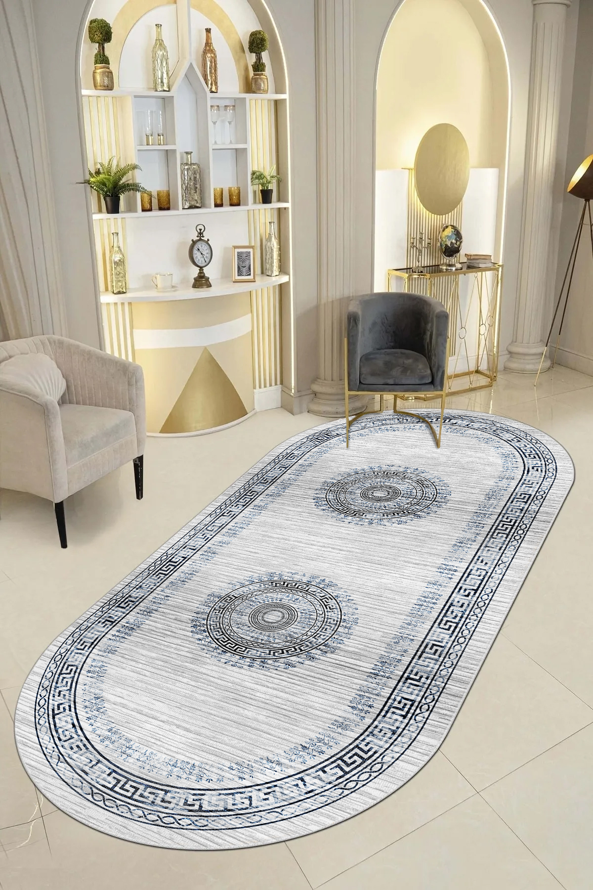 kleopatra Mavi Oval Yeni Nesil Baskılı Halı & Yolluk