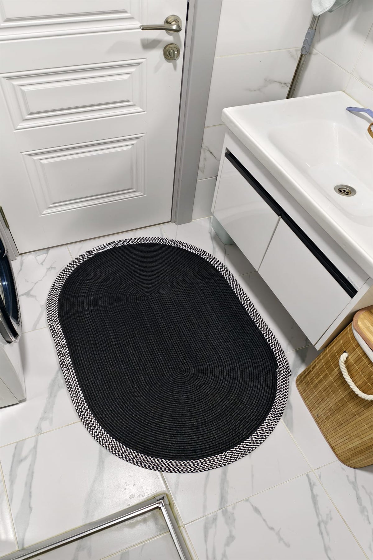 Jüt Kilim Oval Hasır Halı Siyah-Beyaz