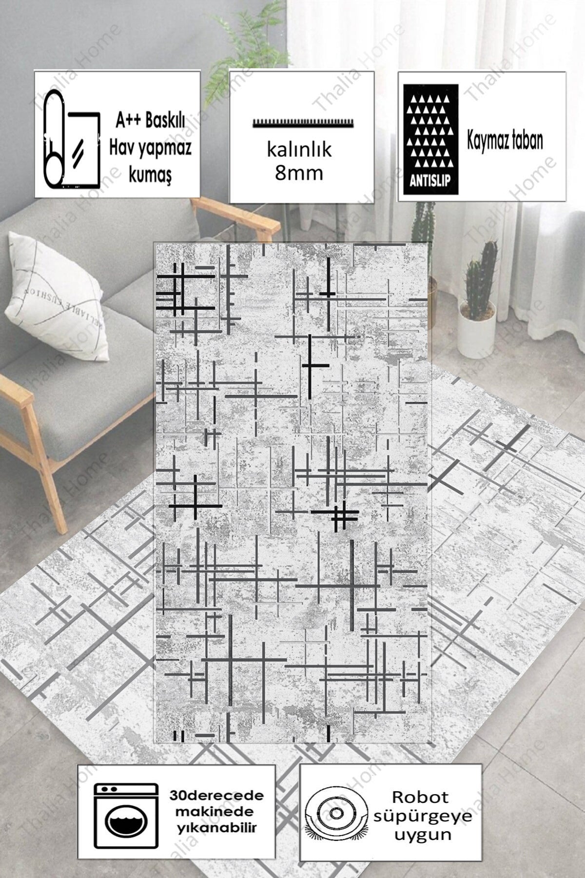 Çubuk Gri Yeni Nesil Baskılı Halı & Yolluk