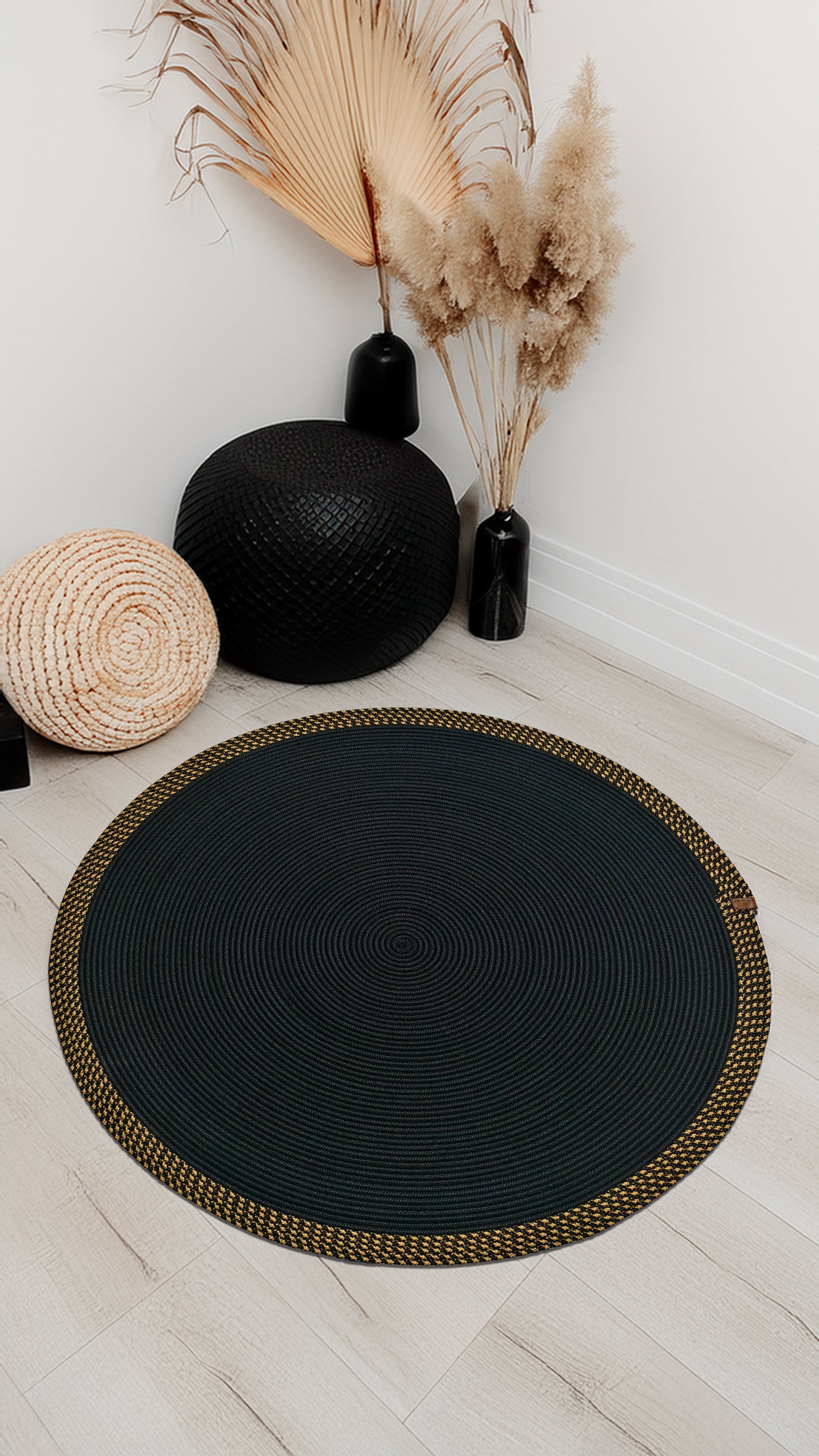 Jüt Kilim Yuvarlak Hasır Halı( Siyah -Kahve )