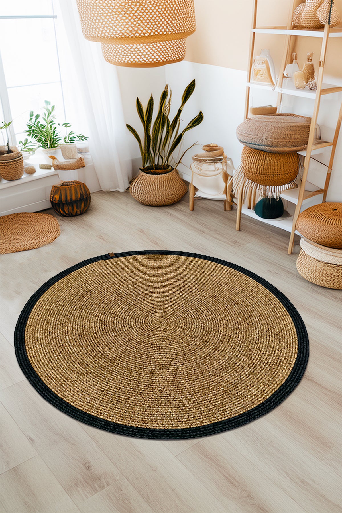 Jüt Kilim  Yuvarlak Hasır Halı ( Hasır-Siyah )