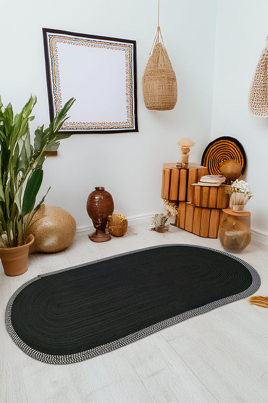 Jüt Kilim Oval Hasır Halı  Siyah-Beyaz