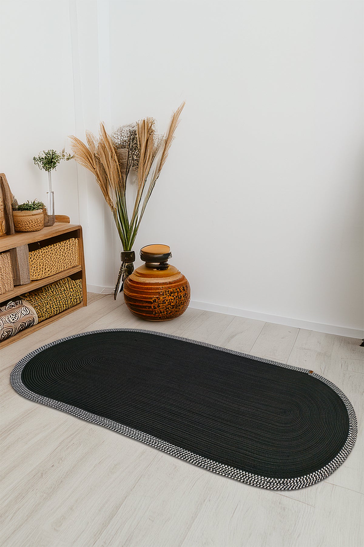Jüt Kilim Oval Hasır Halı  Siyah-Beyaz