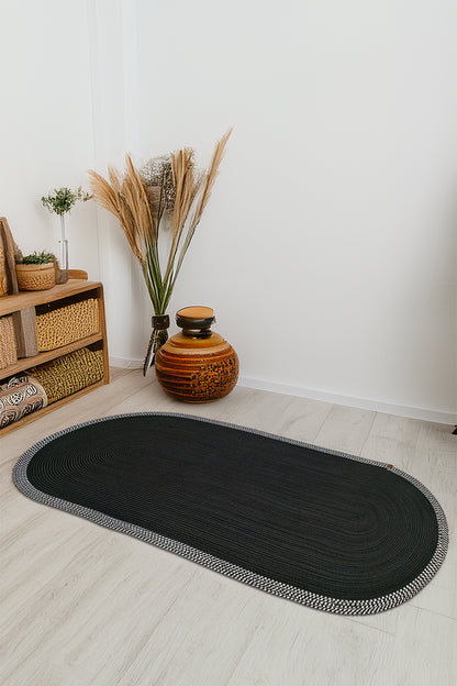 Jüt Kilim Oval Hasır Halı  Siyah-Beyaz