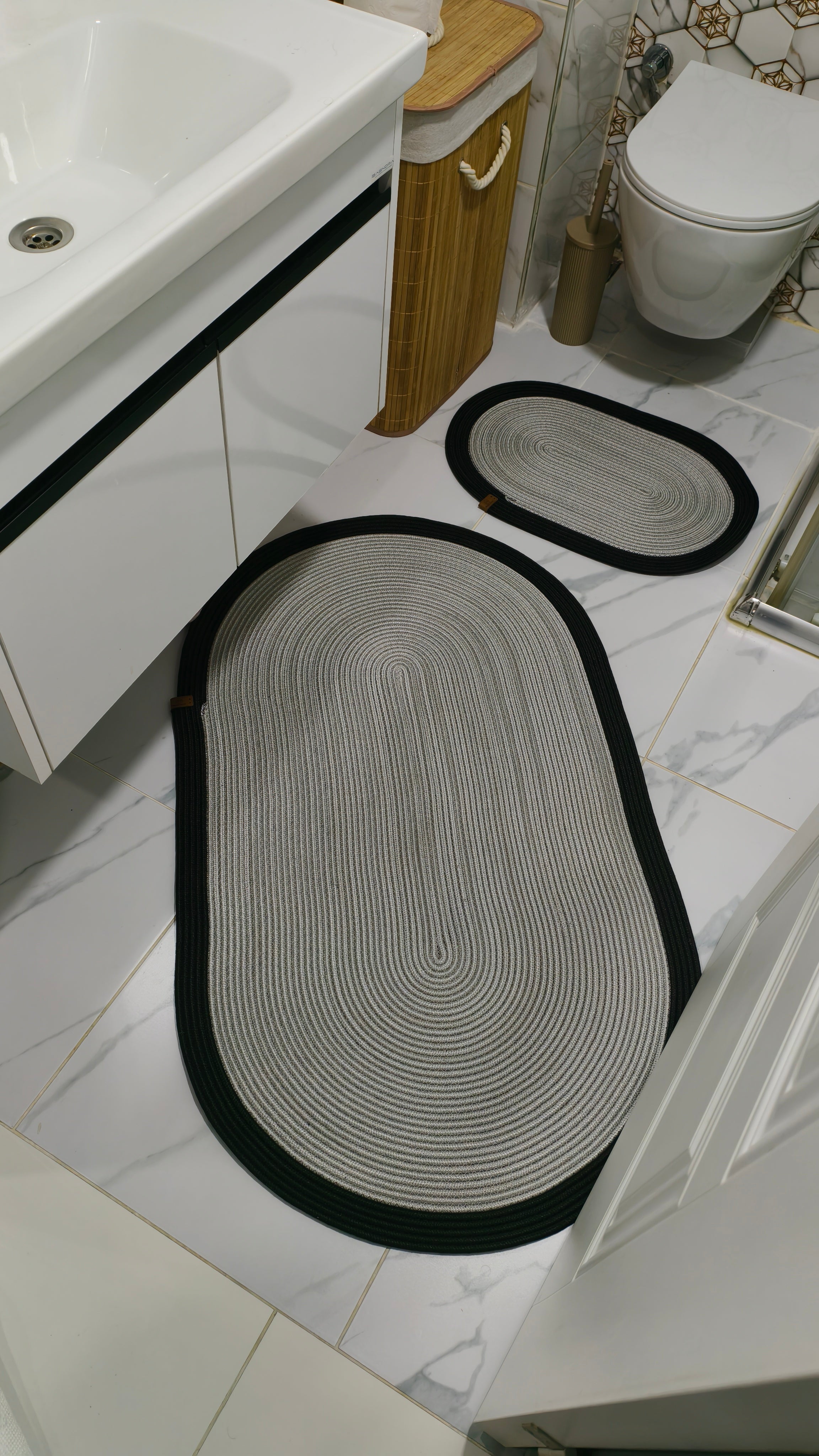 Jüt Hasır 2'Li Banyo Paspas Seti  Gri-Siyah