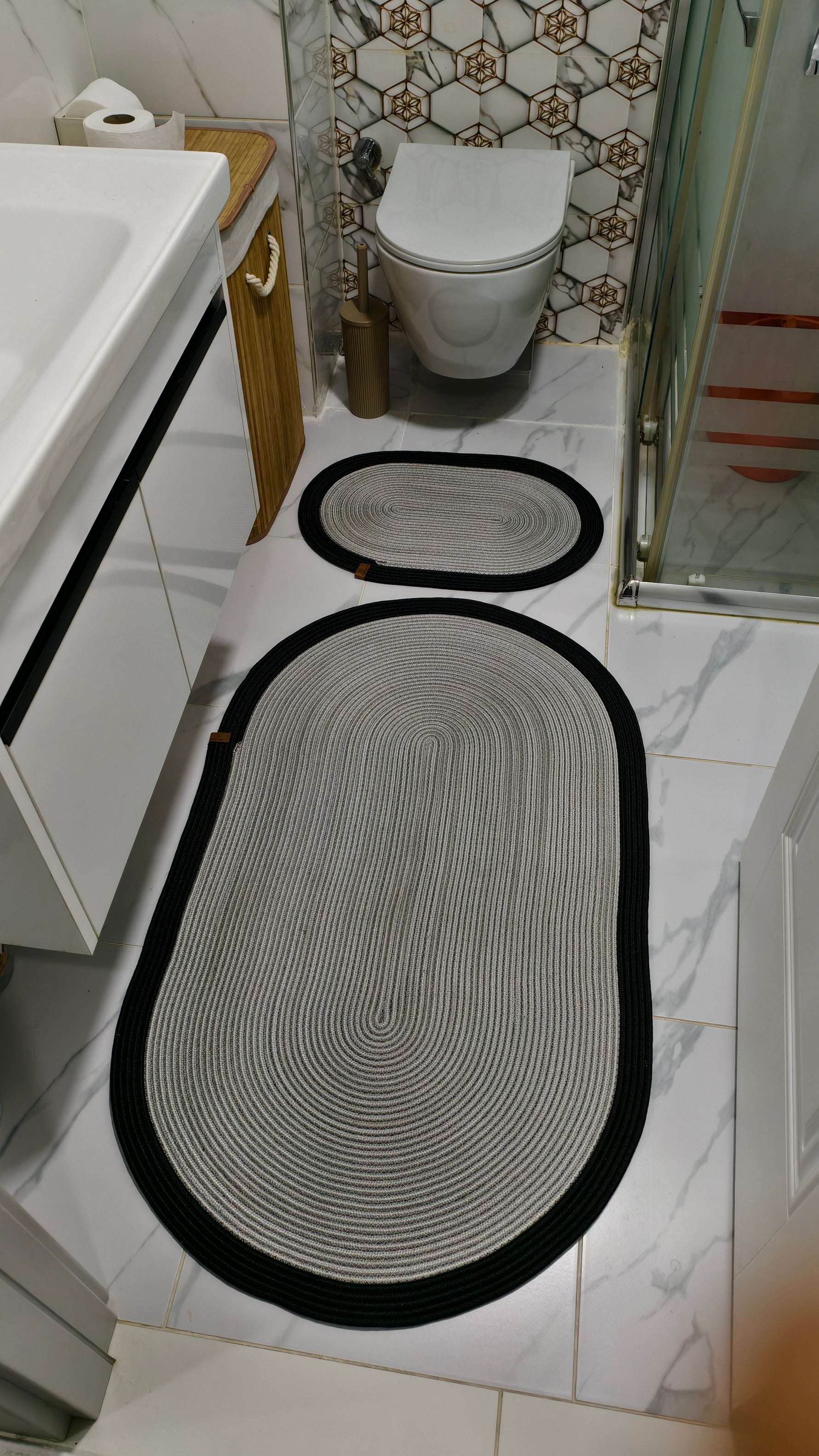 Jüt Hasır 2'Li Banyo Paspas Seti  Gri-Siyah