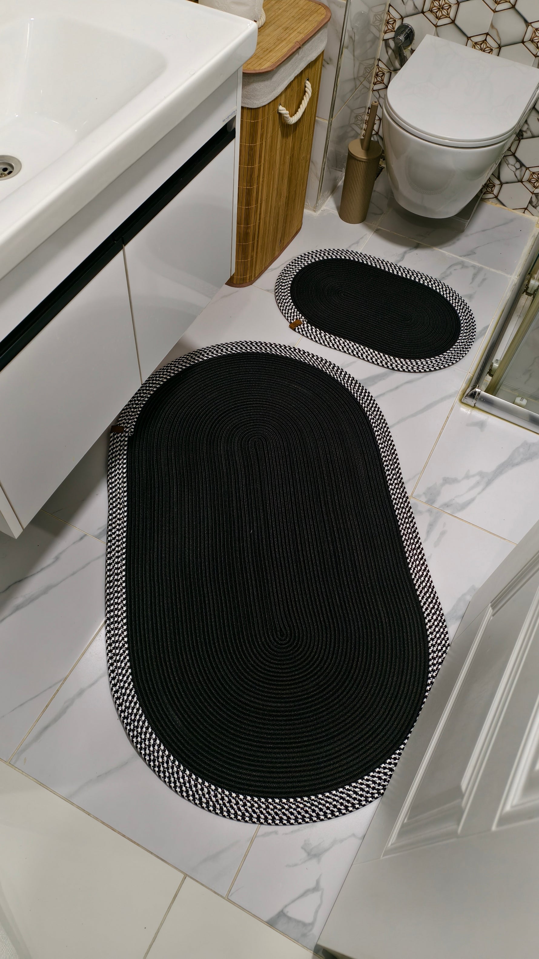 Jüt Hasır 2'Li Banyo Paspas Seti  Siyah -Beyaz