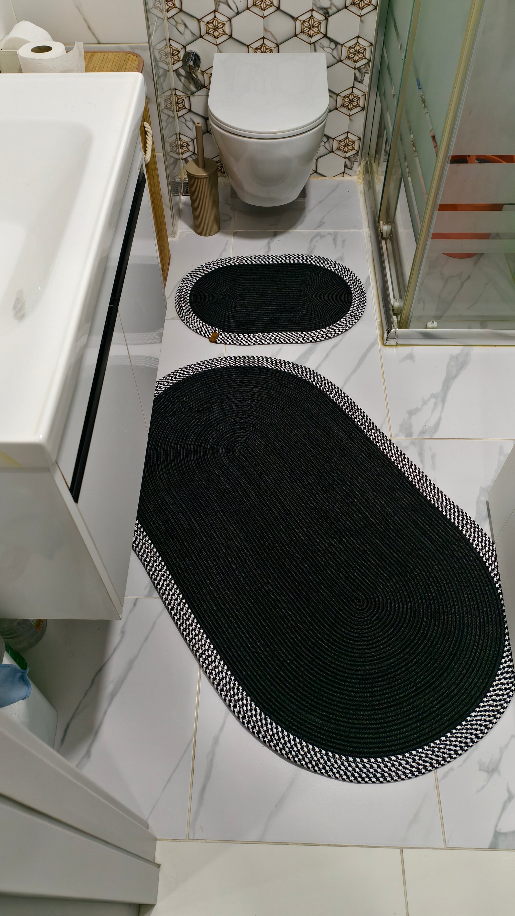 Jüt Hasır 2'Li Banyo Paspas Seti  Siyah -Beyaz
