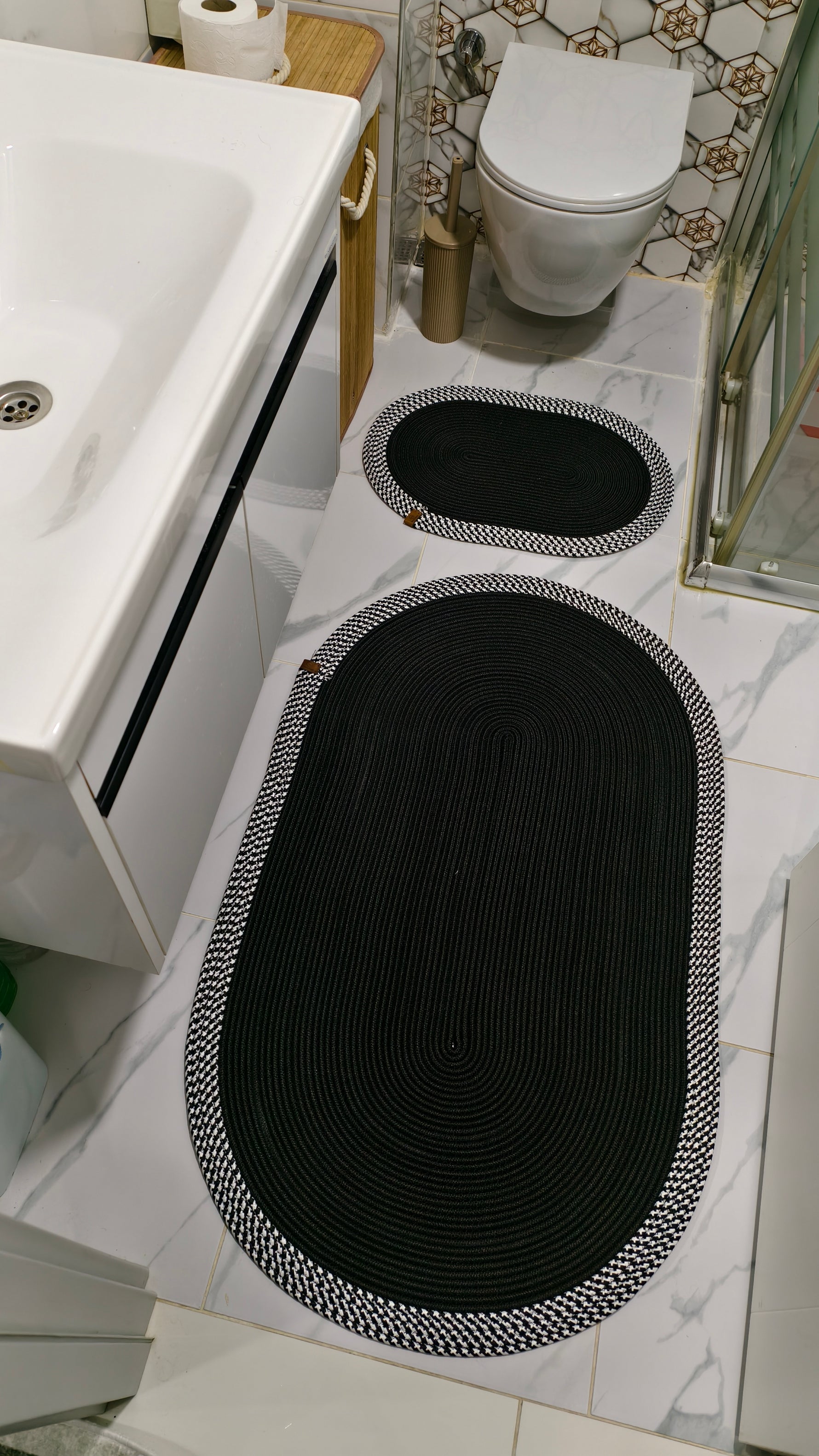 Jüt Hasır 2'Li Banyo Paspas Seti  Siyah -Beyaz
