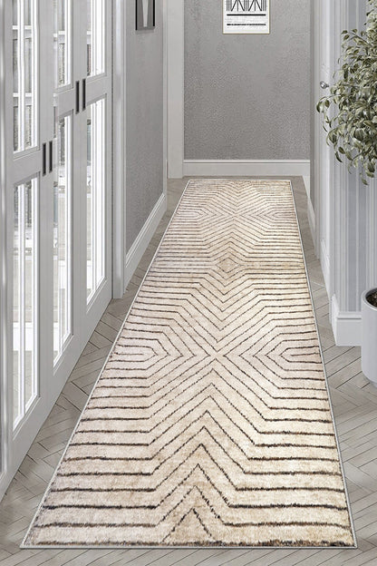 Line Bej Yeni Nesil Baskılı Halı & Yolluk
