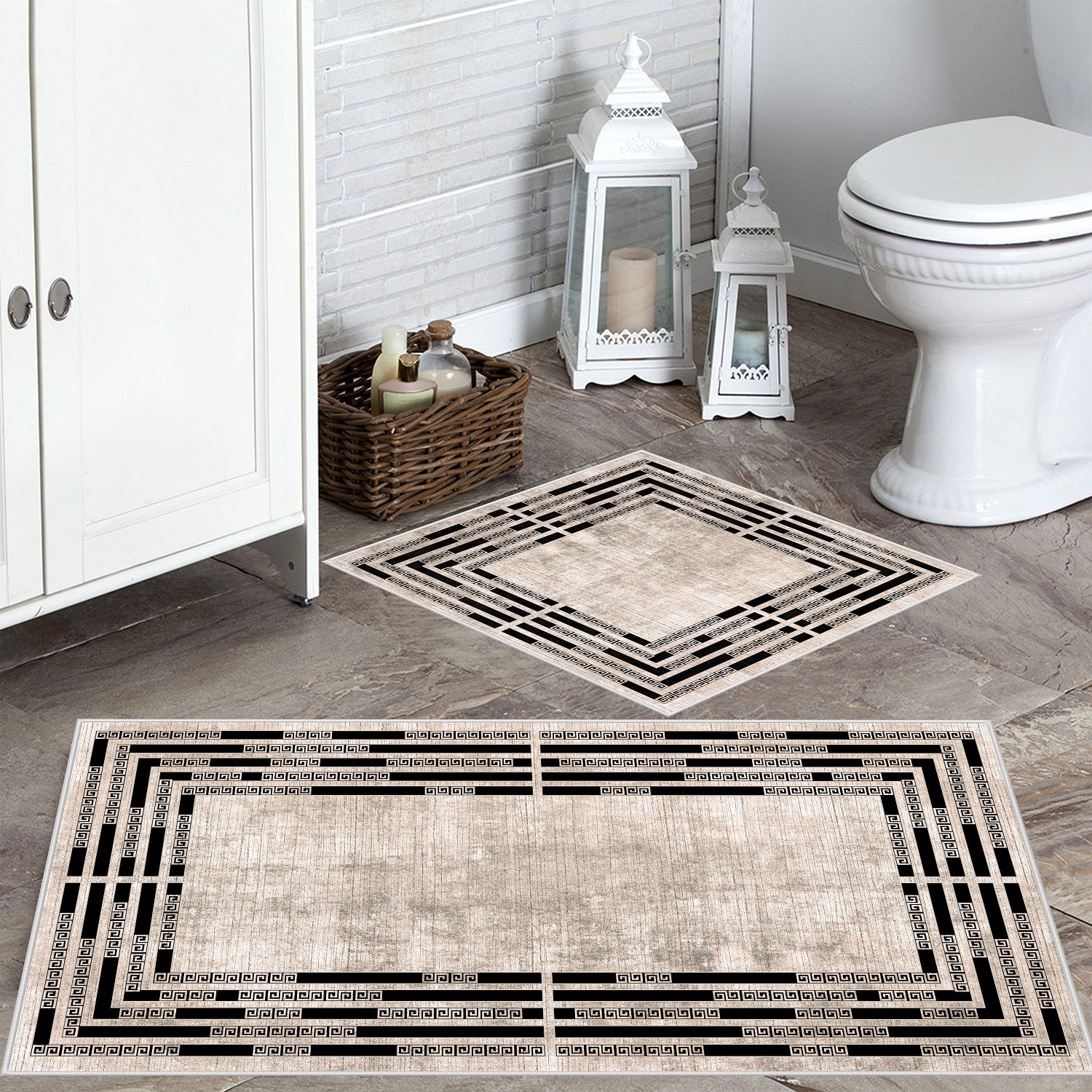 Kaymaz Taban Yıkanabilir 2'li Set Banyo Halısı Banyo Paspas Seti Klozet Takımı 015 Bej