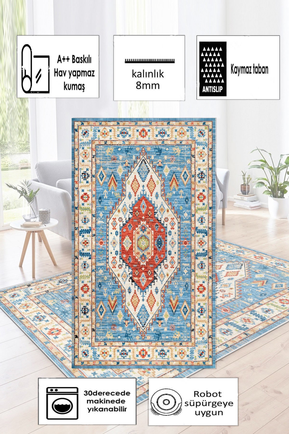 Retro Mavi Yeni Nesil Baskılı Halı & Yolluk