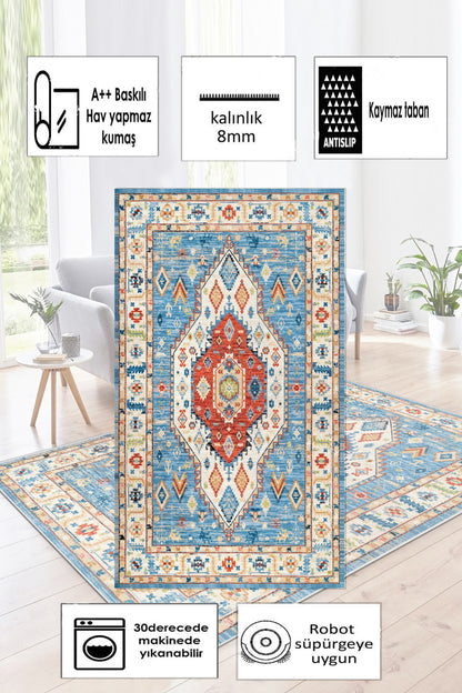 Retro Mavi Yeni Nesil Baskılı Halı & Yolluk