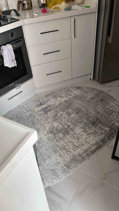 Eskitme Gri oval Yeni Nesil Baskılı Halı & Yolluk