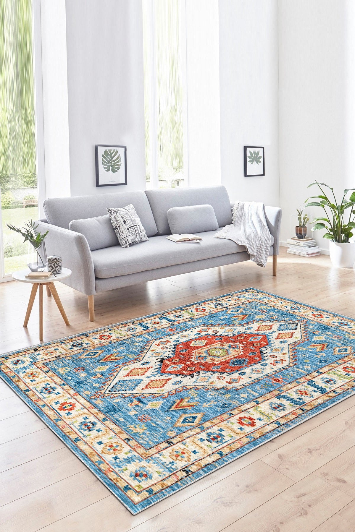 Retro Mavi Yeni Nesil Baskılı Halı & Yolluk