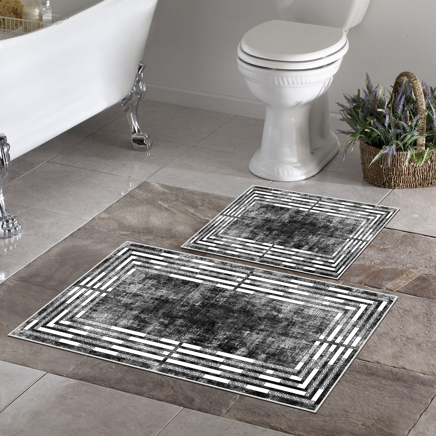 Kaymaz Taban Yıkanabilir 2'li Set Banyo Halısı Banyo Paspas Seti Klozet Takımı 015 Siyah
