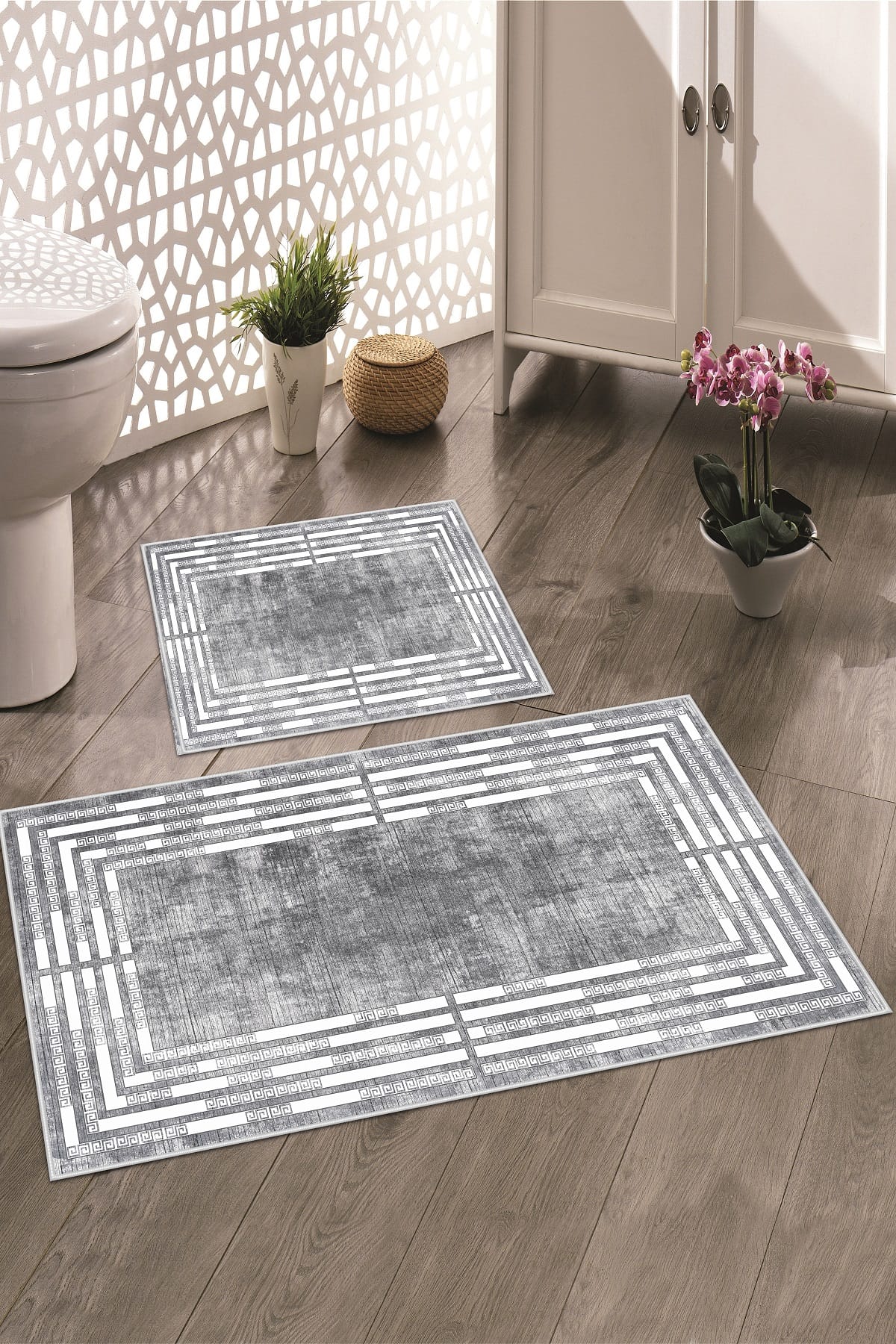 Kaymaz Taban Yıkanabilir 2'li Set Banyo Halısı Banyo Paspas Seti Klozet Takımı 015 Gri