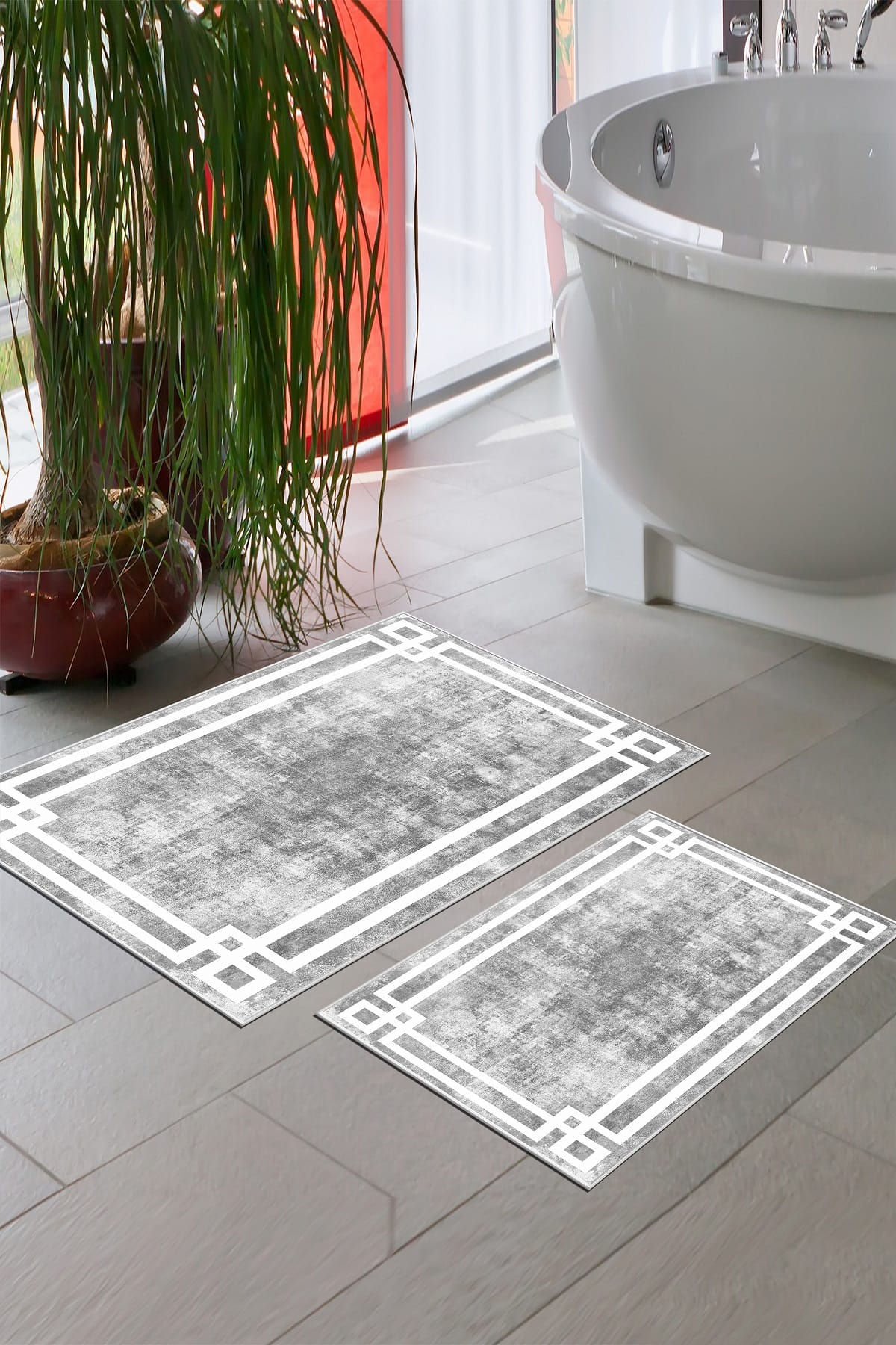 Kaymaz Taban Yıkanabilir 2'li Set Banyo Halısı Banyo Paspas Seti Klozet Takımı Classic Gri