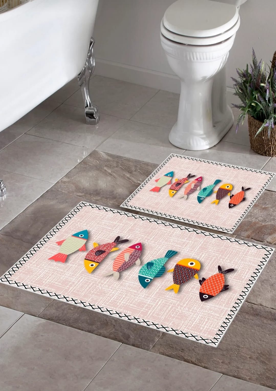 Kaymaz Taban Yıkanabilir 2'li Set Banyo Halısı Banyo Paspas Seti Klozet Takımı Balık Pembe