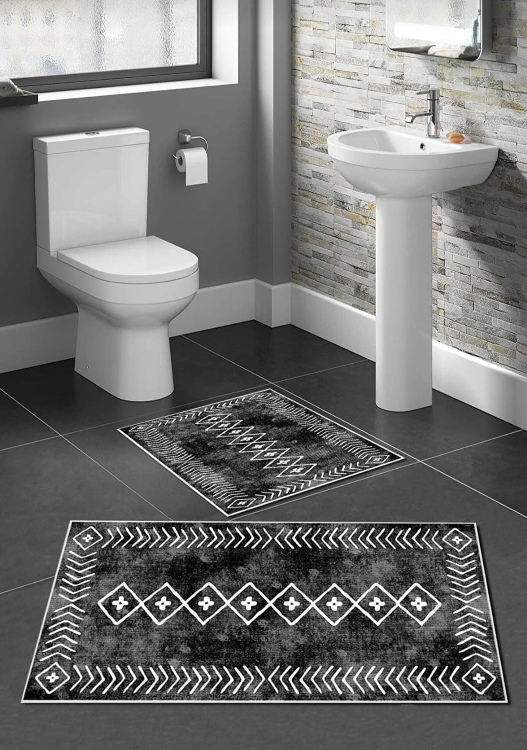 Kaymaz Taban Yıkanabilir 2'li Set Banyo Halısı Banyo Paspas Seti Klozet Takımı İskandinav Siyah
