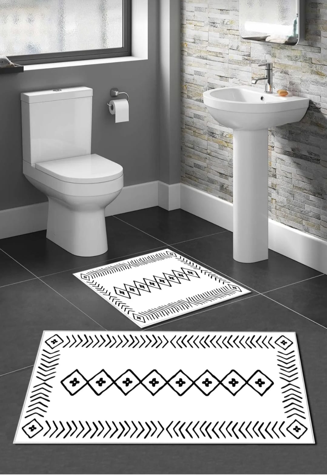 Kaymaz Taban Yıkanabilir 2'li Set Banyo Halısı Banyo Paspas Seti Klozet Takımı İskandinav Beyaz