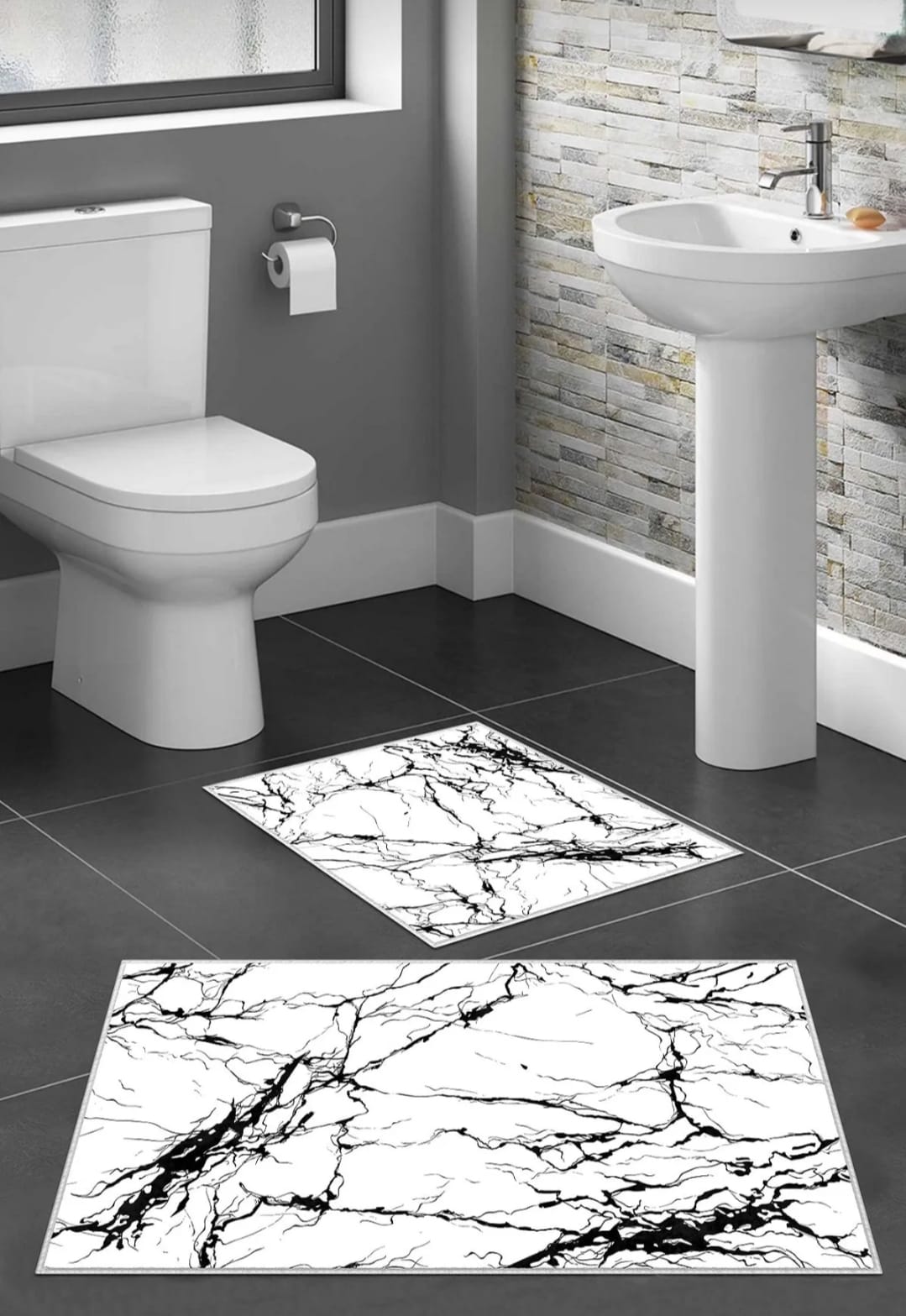 Kaymaz Taban Yıkanabilir 2'li Set Banyo Halısı Banyo Paspas Seti Klozet Takımı Beyaz Mermer