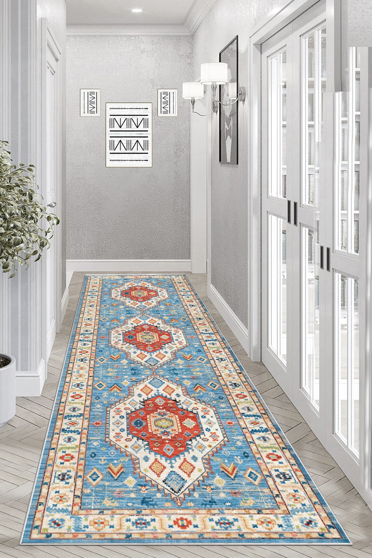 Retro Mavi Yeni Nesil Baskılı Halı & Yolluk