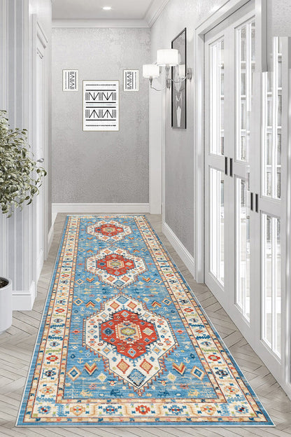 Retro Mavi Yeni Nesil Baskılı Halı & Yolluk