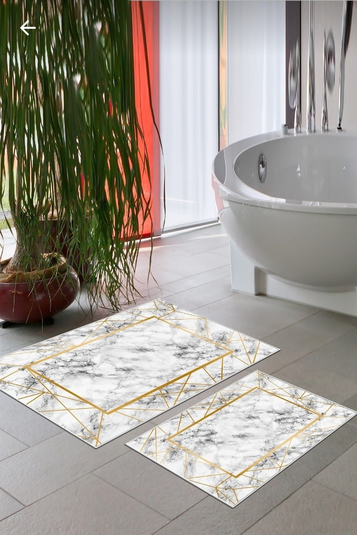 Kaymaz Taban Yıkanabilir 2'li Set Banyo Halısı Banyo Paspas Seti Klozet Takımı Mermer Gold