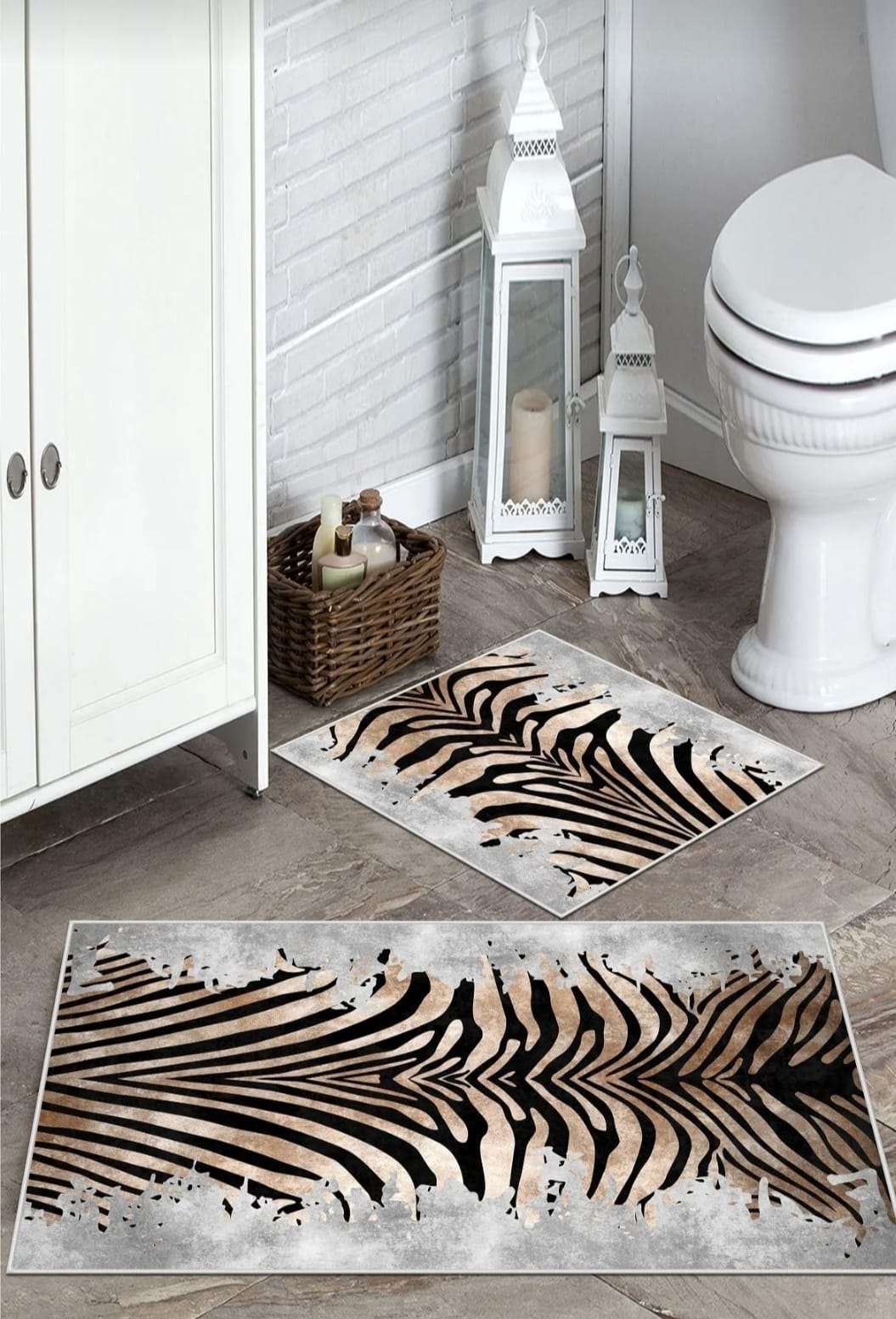 Kaymaz Taban Yıkanabilir 2'li Set Banyo Halısı Banyo Paspas Seti Klozet Takımı Zebra