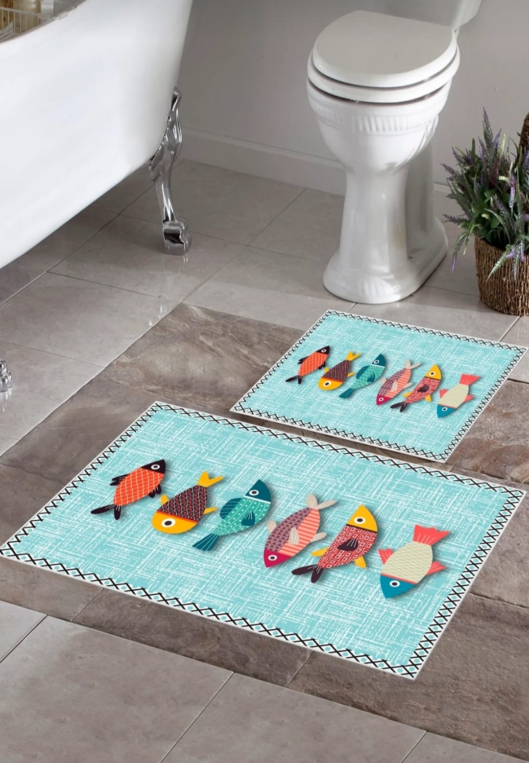 Kaymaz Taban Yıkanabilir 2'li Set Banyo Halısı Banyo Paspas Seti Klozet Takımı Balık Turkuaz