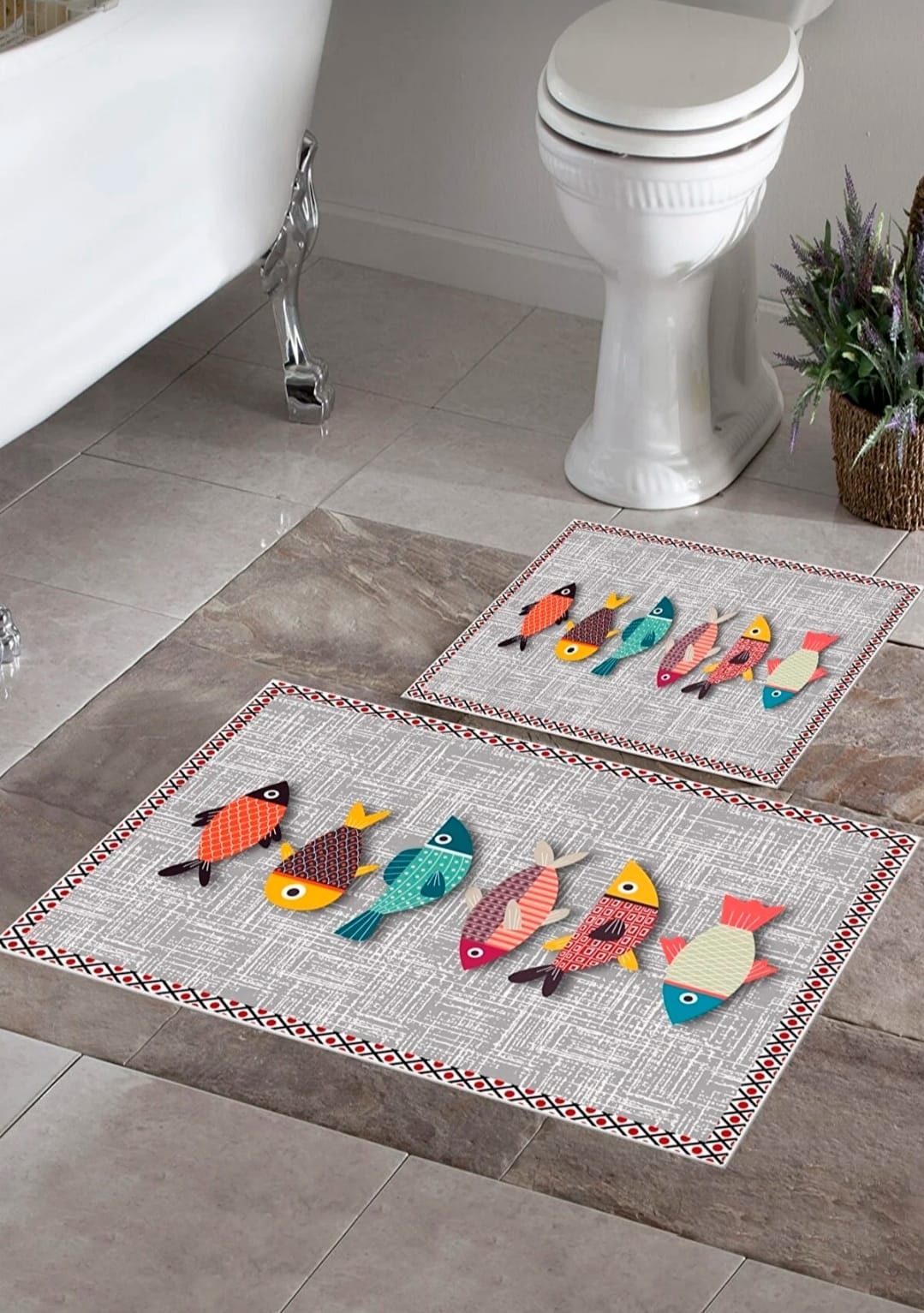 Kaymaz Taban Yıkanabilir 2'li Set Banyo Halısı Banyo Paspas Seti Klozet Takımı Balık Gri