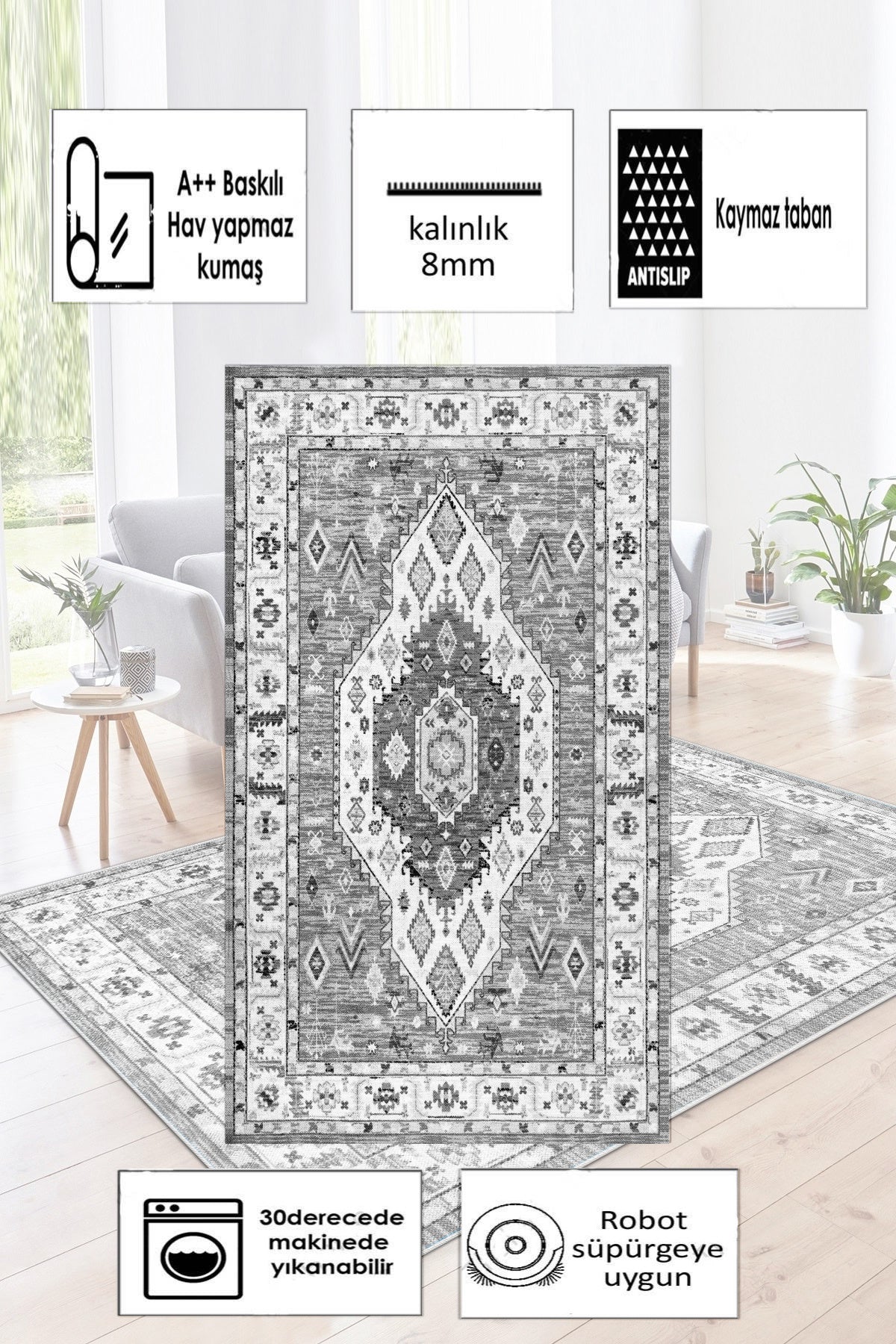 Retro Gri Yeni Nesil Baskılı Halı & Yolluk