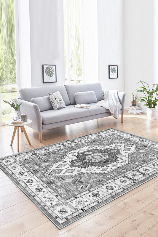 Retro Gri Yeni Nesil Baskılı Halı & Yolluk