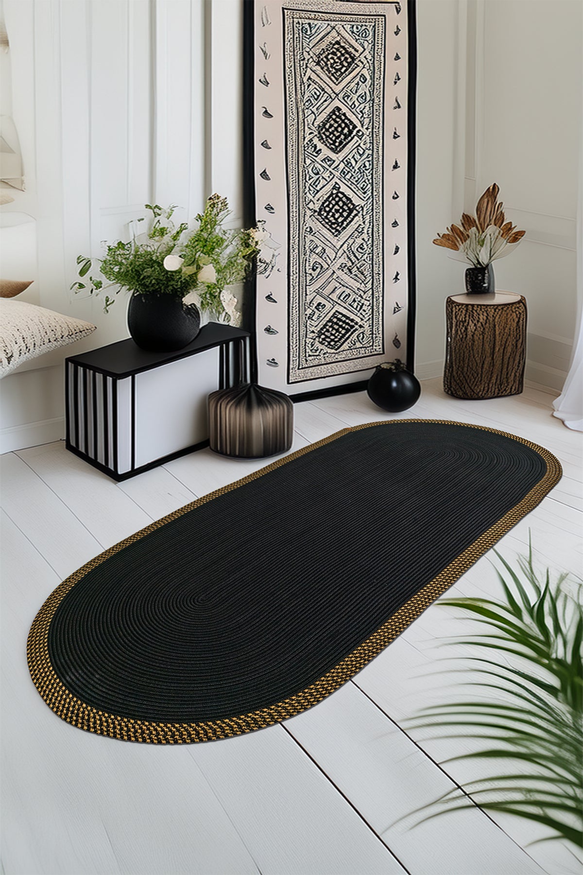 Jüt Kilim Oval Hasır Halı  Siyah-Kahve