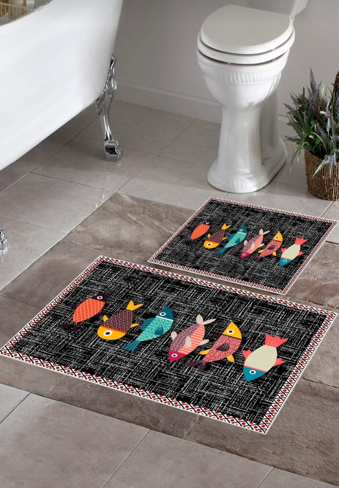 Kaymaz Taban Yıkanabilir 2'li Set Banyo Halısı Banyo Paspas Seti Klozet Takımı Balık Siyah