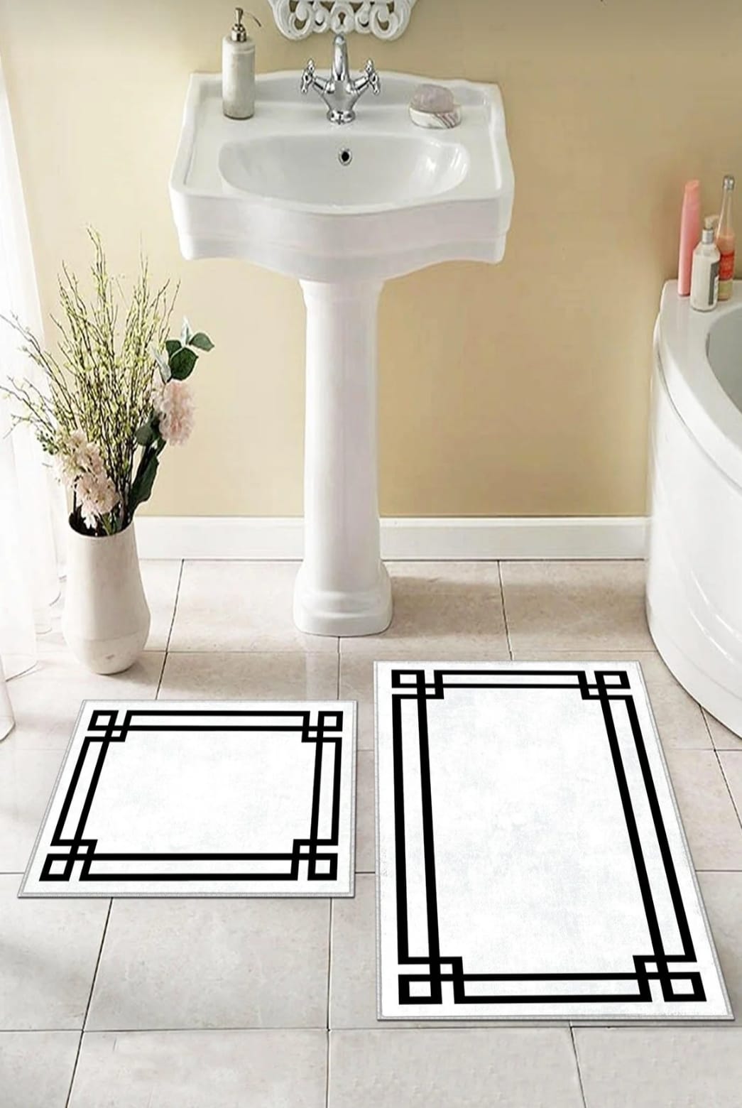 Kaymaz Taban Yıkanabilir 2'li Set Banyo Halısı Banyo Paspas Seti Klozet Takımı Classic Beyaz