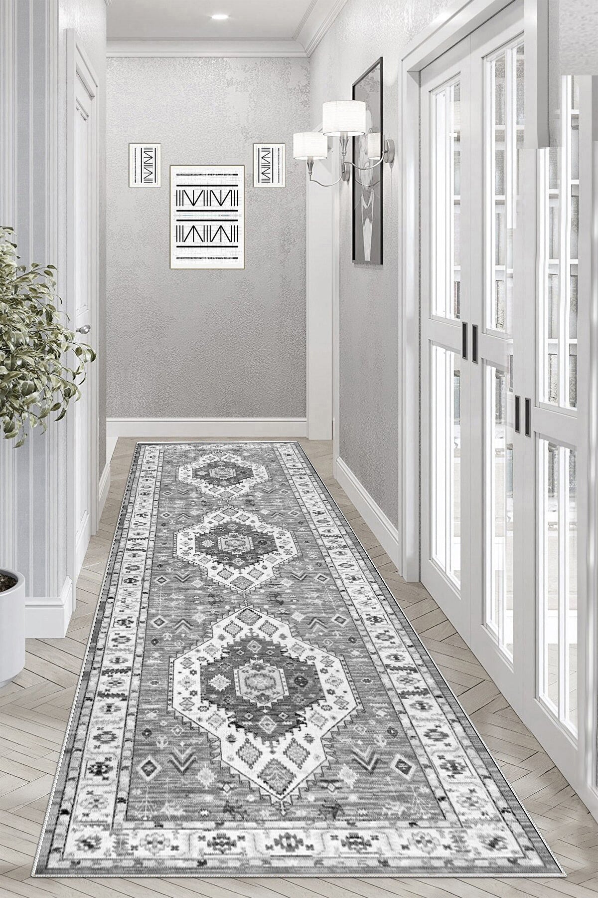 Retro Gri Yeni Nesil Baskılı Halı & Yolluk