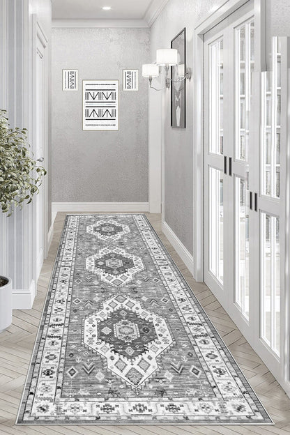Retro Gri Yeni Nesil Baskılı Halı & Yolluk