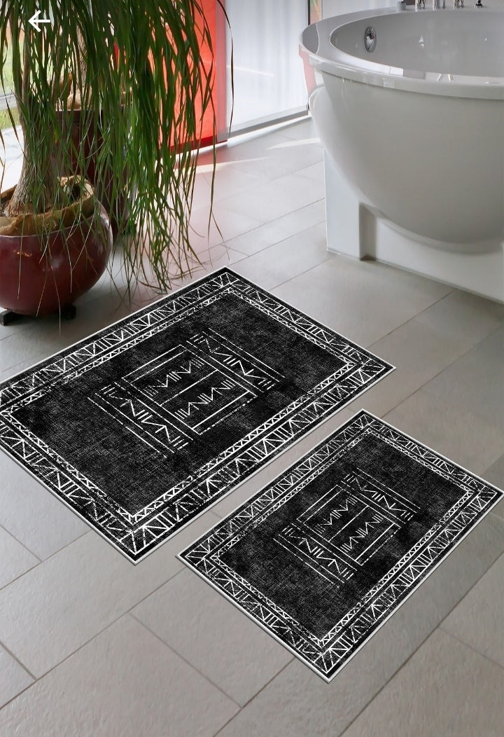 Kaymaz Taban Yıkanabilir 2'li Set Banyo Halısı Banyo Paspas Seti Klozet Takımı Bohem Siyah