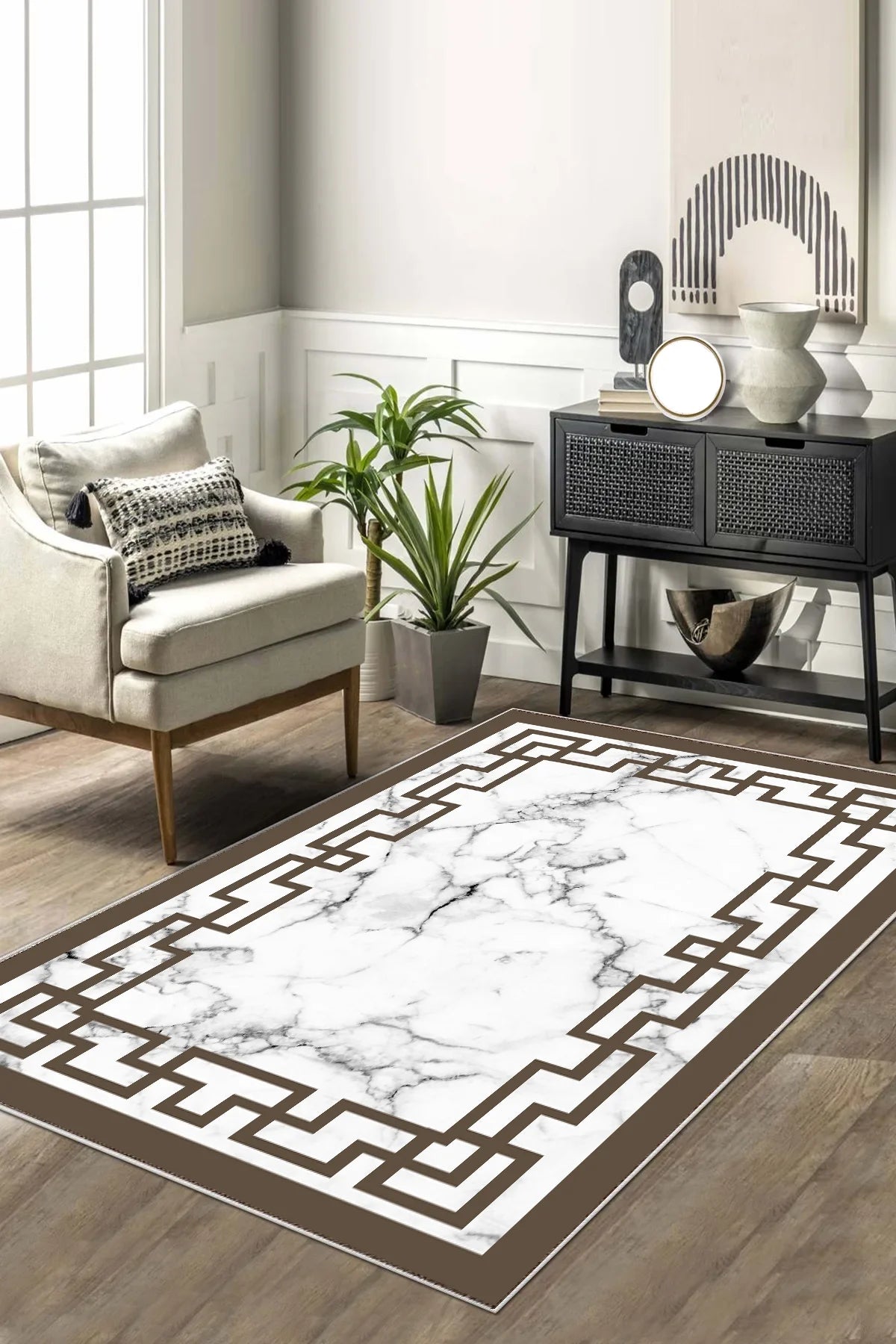 Kaymaz tabanlı Yeni Nesil Baskılı Halı & Yolluk Elegance Kahve