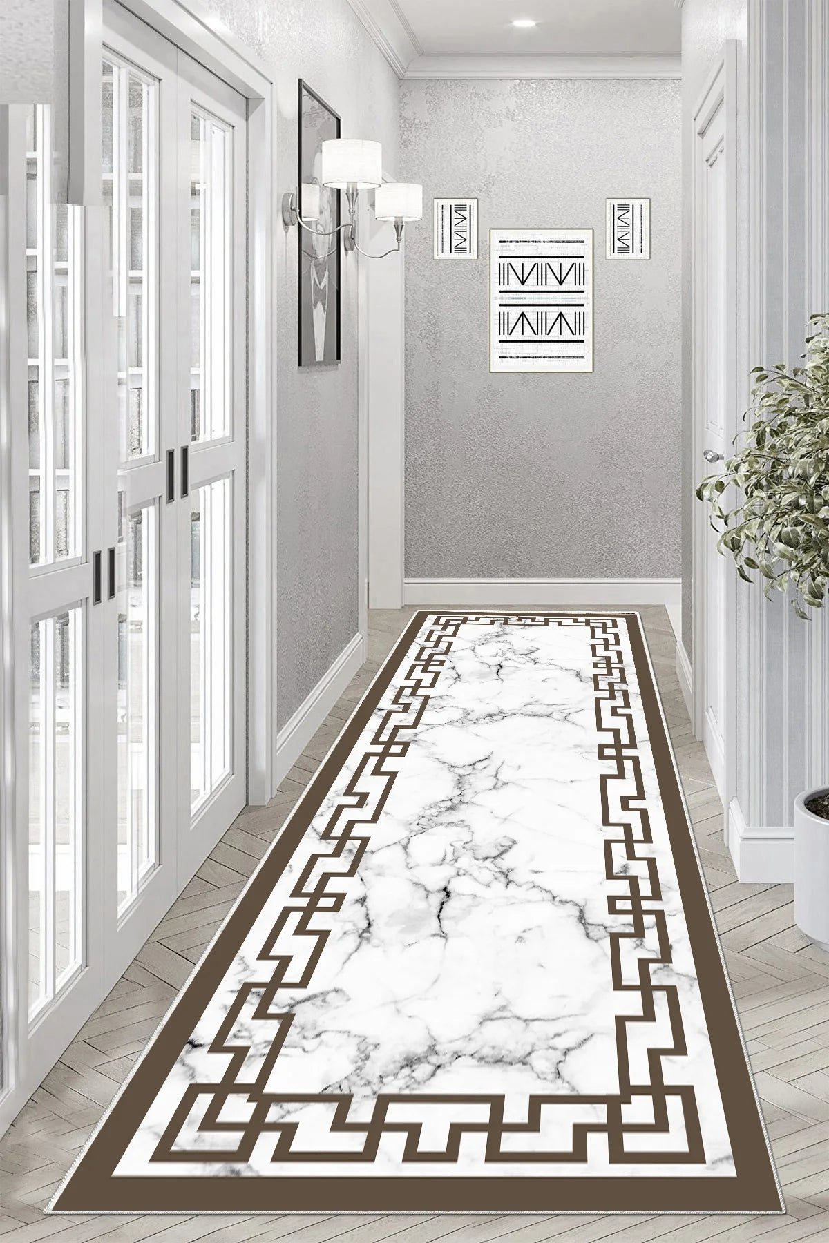 Kaymaz tabanlı Yeni Nesil Baskılı Halı & Yolluk Elegance Kahve