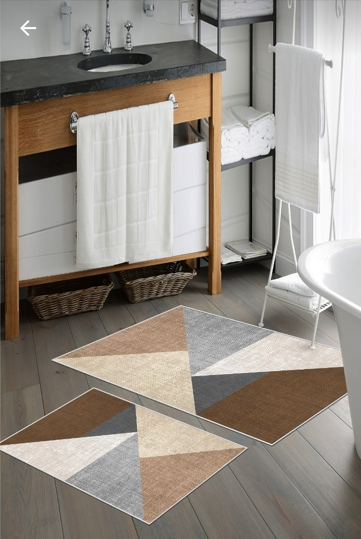 Kaymaz Taban Yıkanabilir 2'li Set Banyo Halısı Banyo Paspas Seti Klozet Takımı Çapraz Kahve