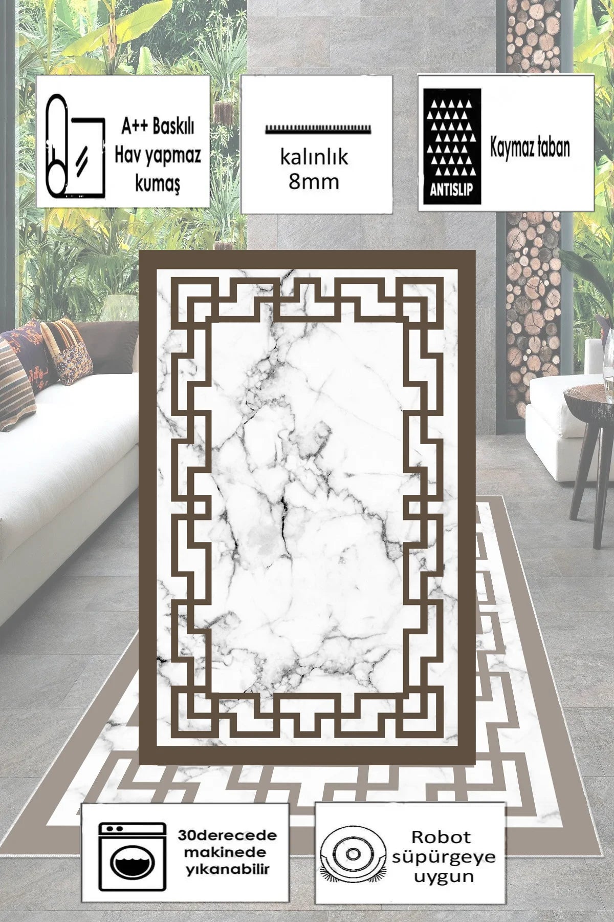 Kaymaz tabanlı Yeni Nesil Baskılı Halı & Yolluk Elegance Kahve