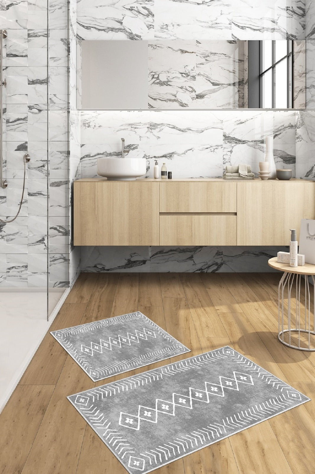 Kaymaz Taban Yıkanabilir 2'li Set Banyo Halısı Banyo Paspas Seti Klozet Takımı İskandinav Gri