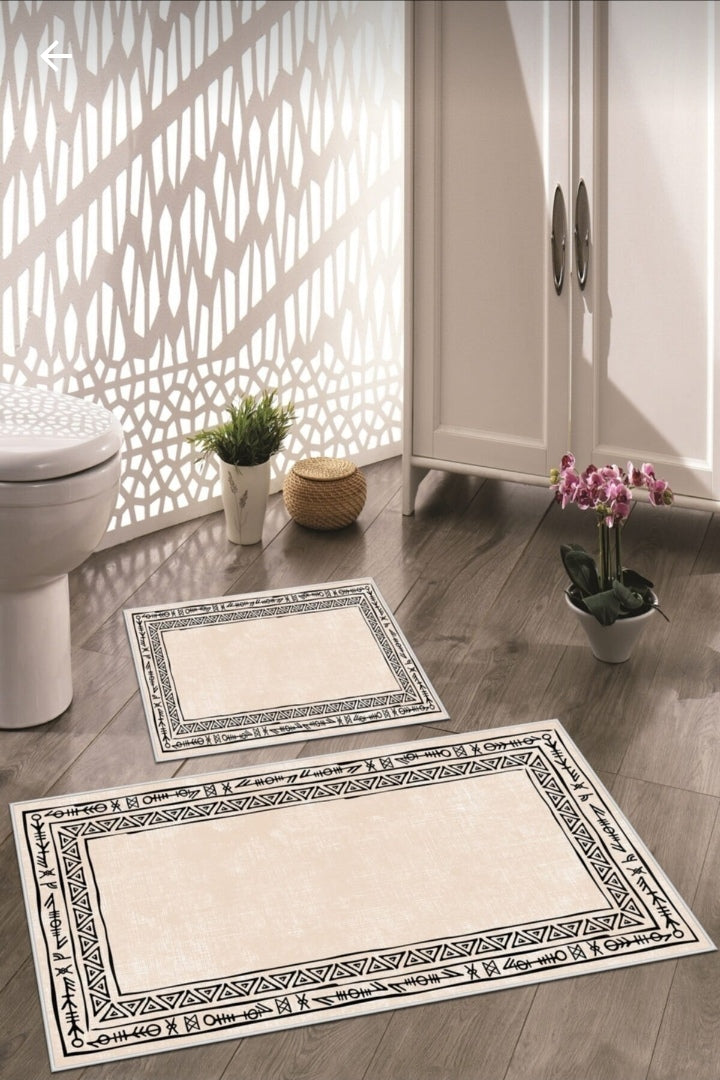 Kaymaz Taban Yıkanabilir 2'li Set Banyo Halısı Banyo Paspas Seti Klozet Takımı Antik krem