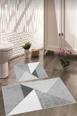 Kaymaz Taban Yıkanabilir 2'li Set Banyo Halısı Banyo Paspas Seti Klozet Takımı Çapraz Gri