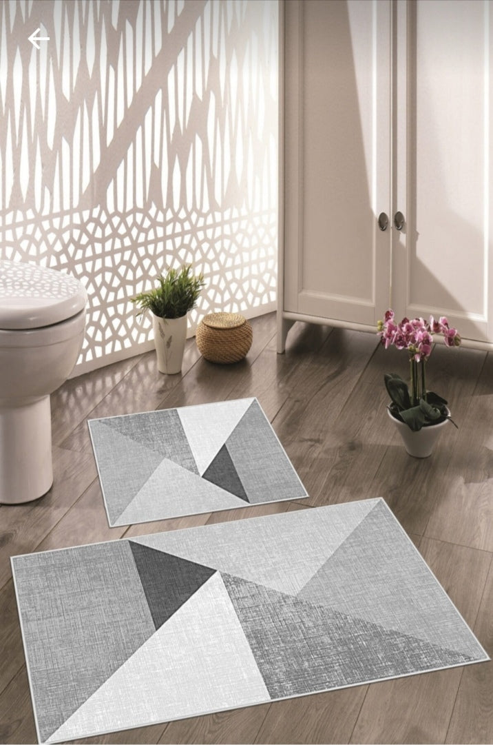 Kaymaz Taban Yıkanabilir 2'li Set Banyo Halısı Banyo Paspas Seti Klozet Takımı Çapraz Gri