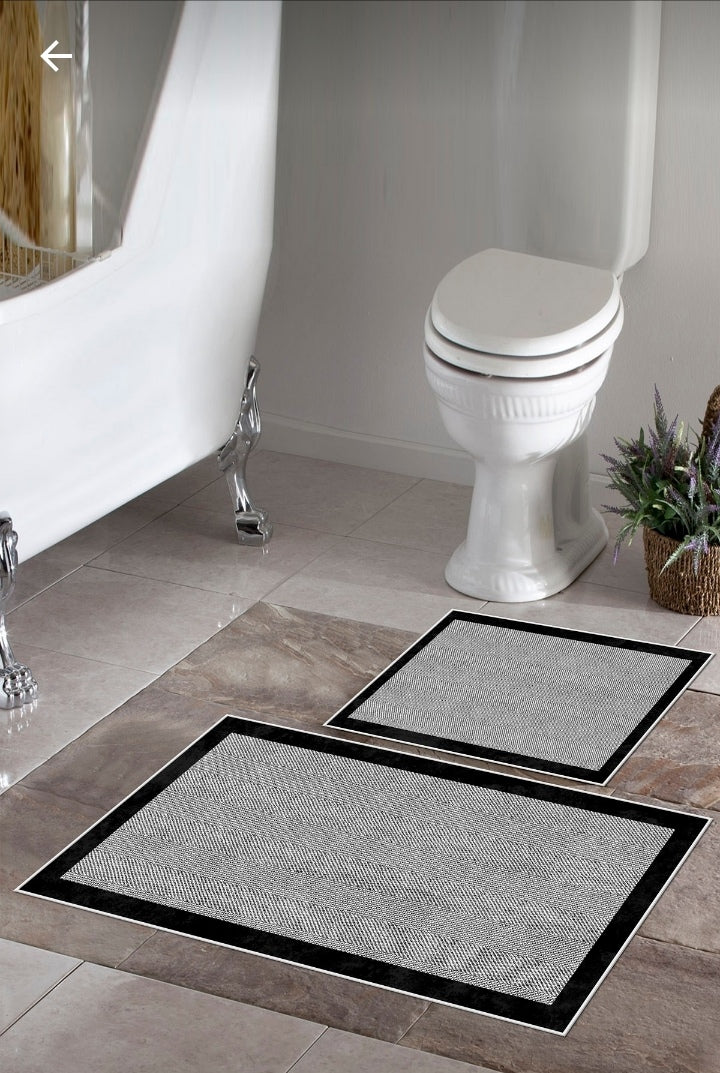 Kaymaz Taban Yıkanabilir 2'li Set Banyo Halısı Banyo Paspas Seti Klozet Takımı Siyah Bordür
