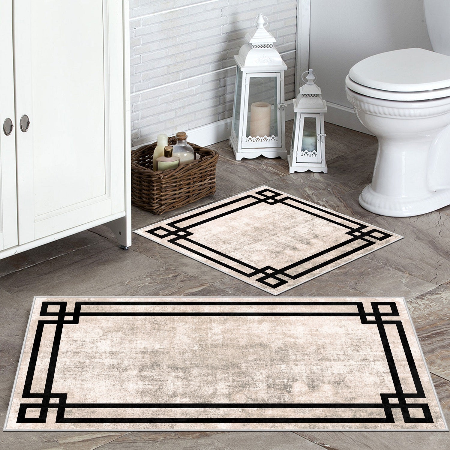 Kaymaz Taban Yıkanabilir 2'li Set Banyo Halısı Banyo Paspas Seti Klozet Takımı Classic Bej